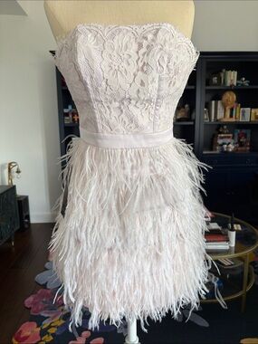 Vintage Bebe Light Pink Strapless Lace & Feathers Dress size 0